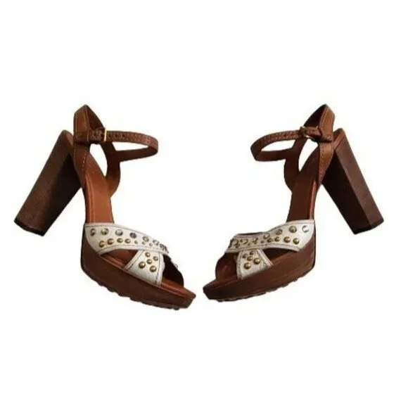 Car Shoe Studded Ankle Strap Block Heel Sandals White/Brown Women's 40/US 10 - Picture 6 of 12